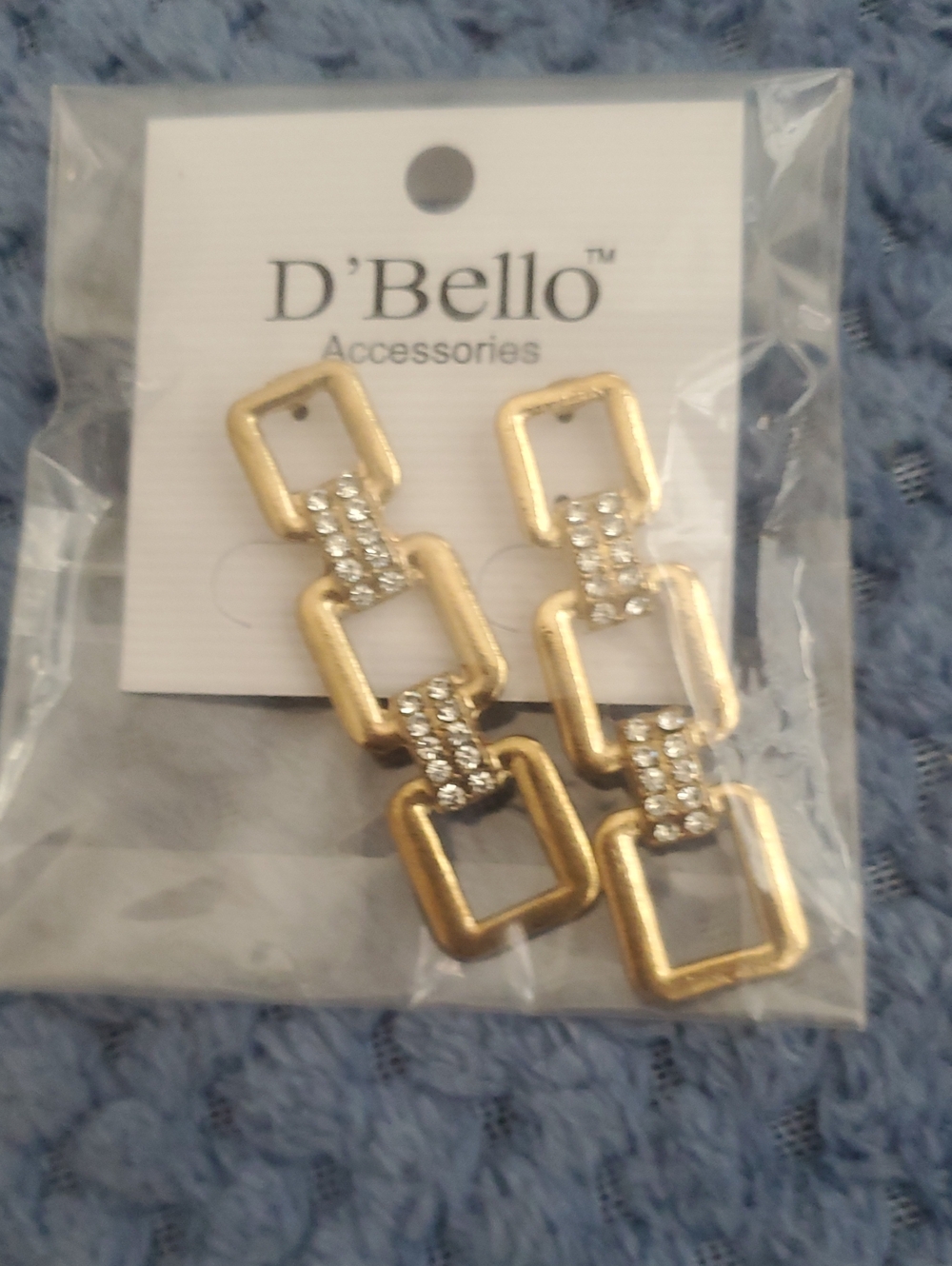 Gold Linked Square Drop Earrings with Rhinestone Accents